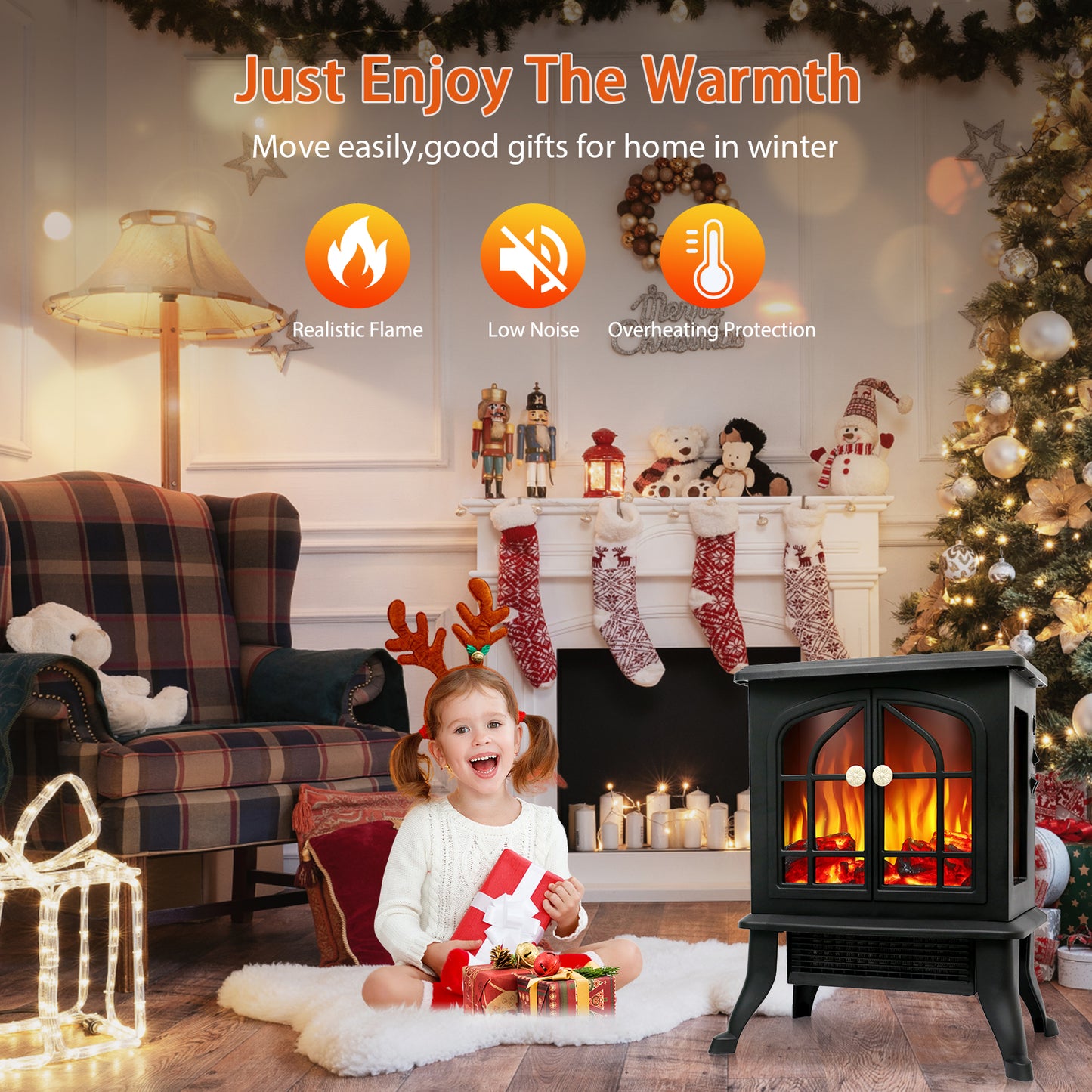 1,000 sq ft Infrared Quartz Electric Fireplace, 1500W Electric Fireplace Heater with Realistic 3D Flame Effect, Electric Heater with Overheat Protection for Home Bedroom Office