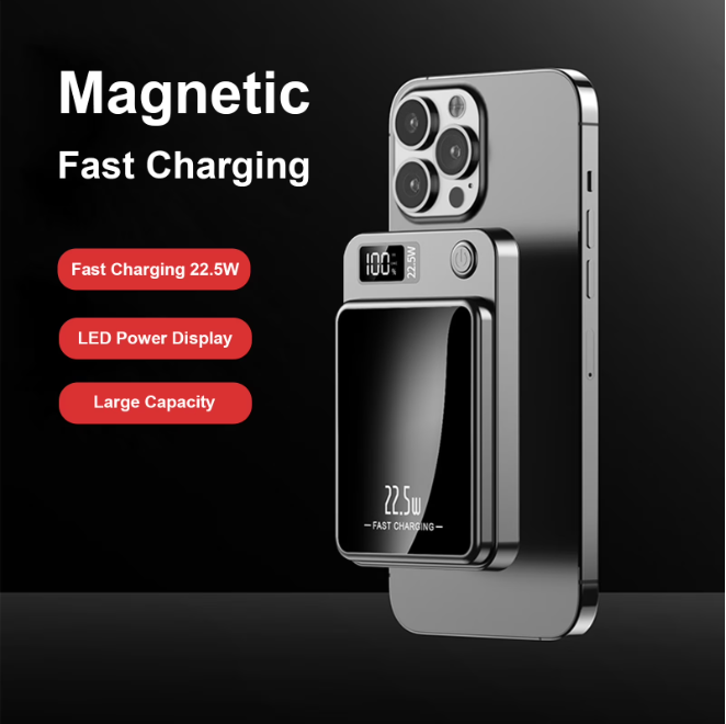 Wireless Portable Charger with LED Power Display, 5000mAh 22.5W Fast Charging Phone Battery Bank, 2 in 1 Wireless Magnetic Power Bank, Suitable for Outdoor Travel Emergency Backup Battery Pack, Black