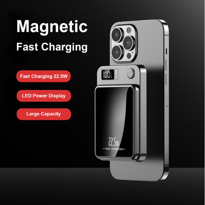 Wireless Portable Charger with LED Power Display, 5000mAh 22.5W Fast Charging Phone Battery Bank, 2 in 1 Wireless Magnetic Power Bank, Suitable for Outdoor Travel Emergency Backup Battery Pack, Black
