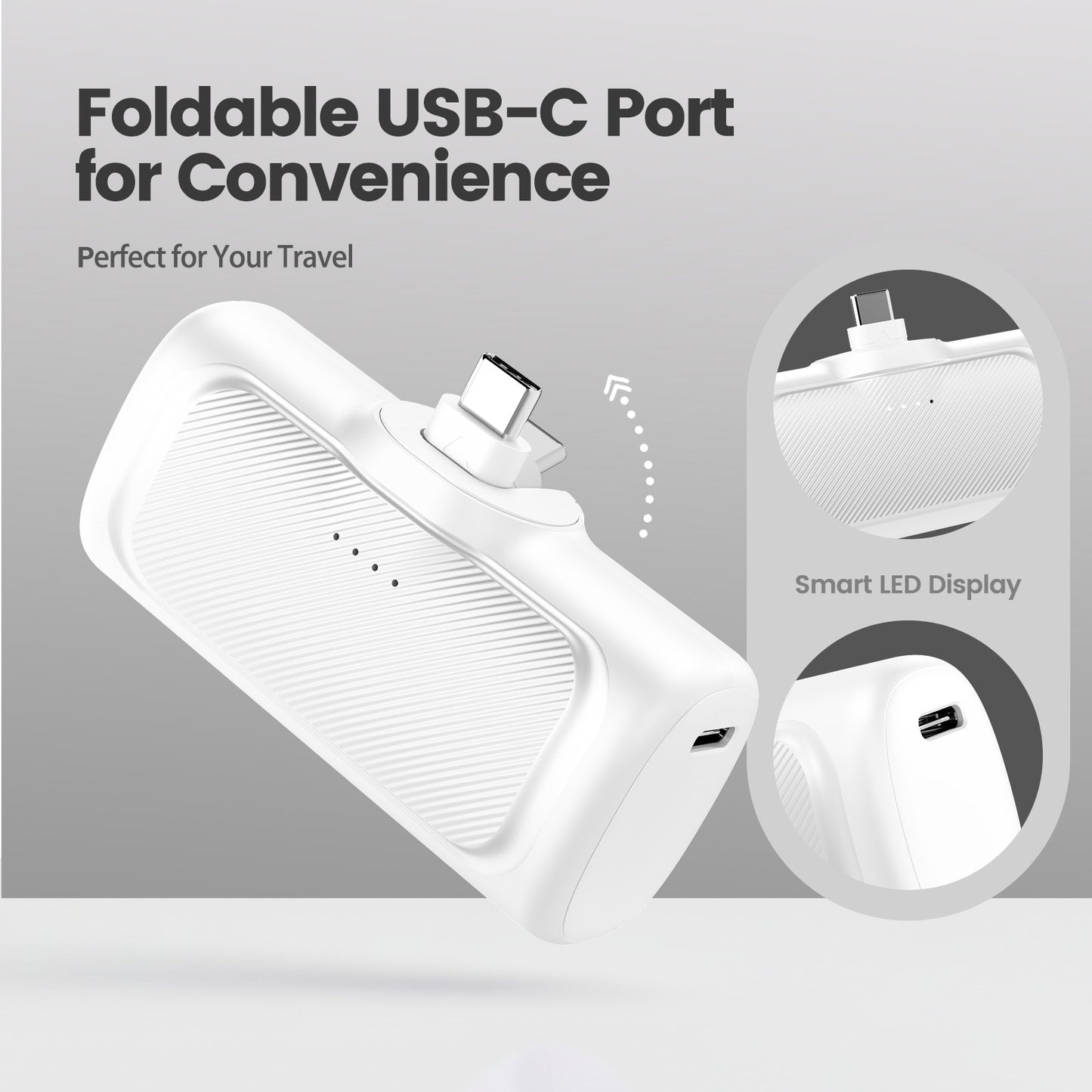 Portable Charger, 5000mAh Power Bank with Foldable USB-C Plug, 22.5W Mini Charger Battery Pack Compatible with iPhone 15 to 17,White
