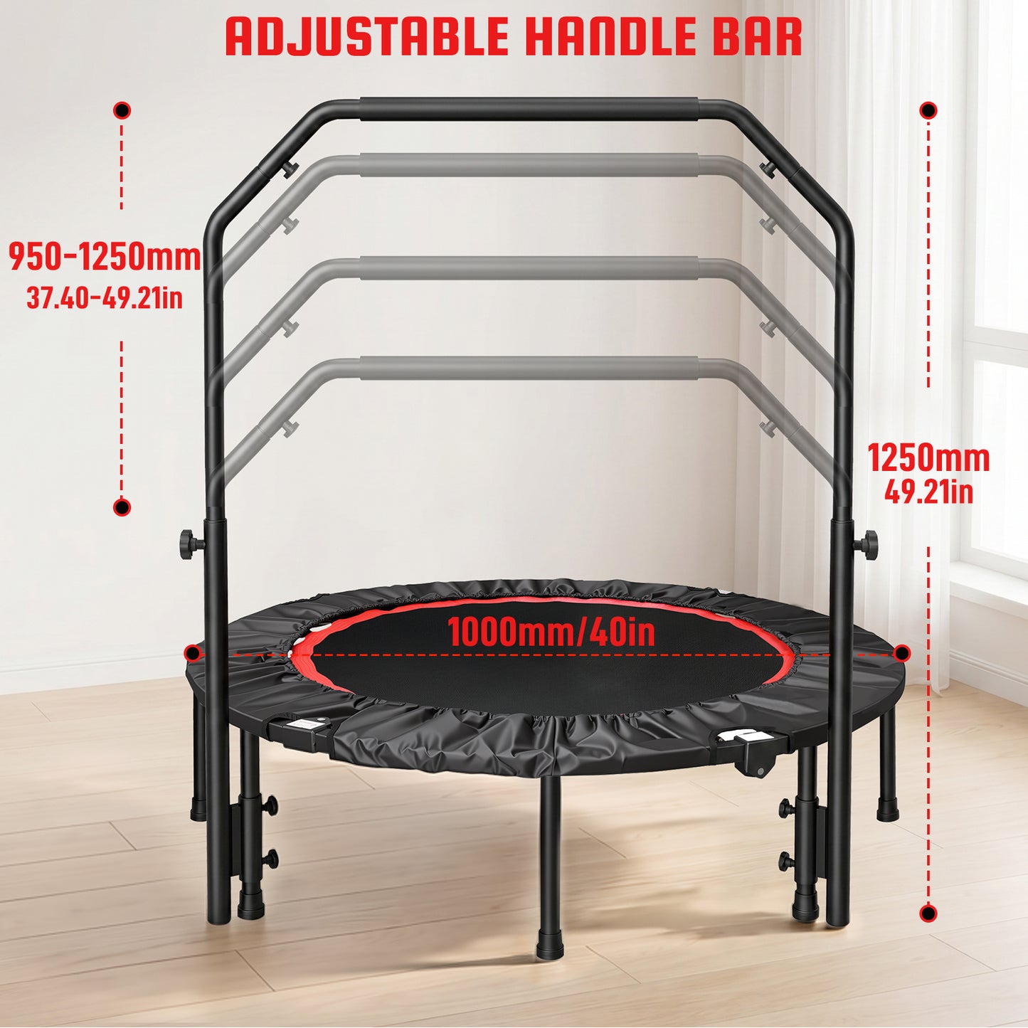 40" Foldable Mini Trampoline with Handle, 716 lbs High Capacity Fitness Rebounder for Home Gym, Quiet Bungee System Indoor Outdoor Jumping Exercise for Adults Kids