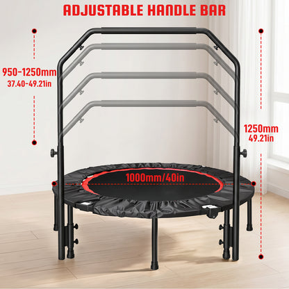 40" Foldable Mini Trampoline with Handle, 716 lbs High Capacity Fitness Rebounder for Home Gym, Quiet Bungee System Indoor Outdoor Jumping Exercise for Adults Kids