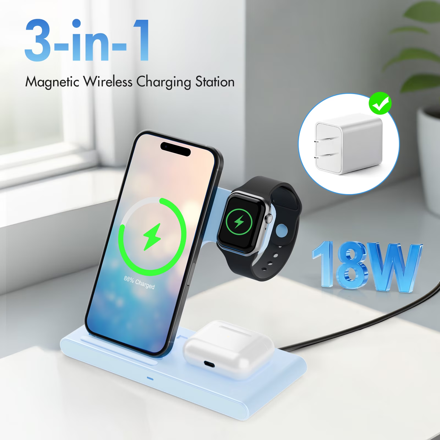 Portable Charger 15W Wireless Charger,3in1 Charging Station Compatible with iPhone 17 16 15 14 13 12 11 Pro Max Plus XS XR X 8,for iWatch 9 8 7 6 5 4 3 2 SE,for AirPods 3 2 Pro 2,Blue