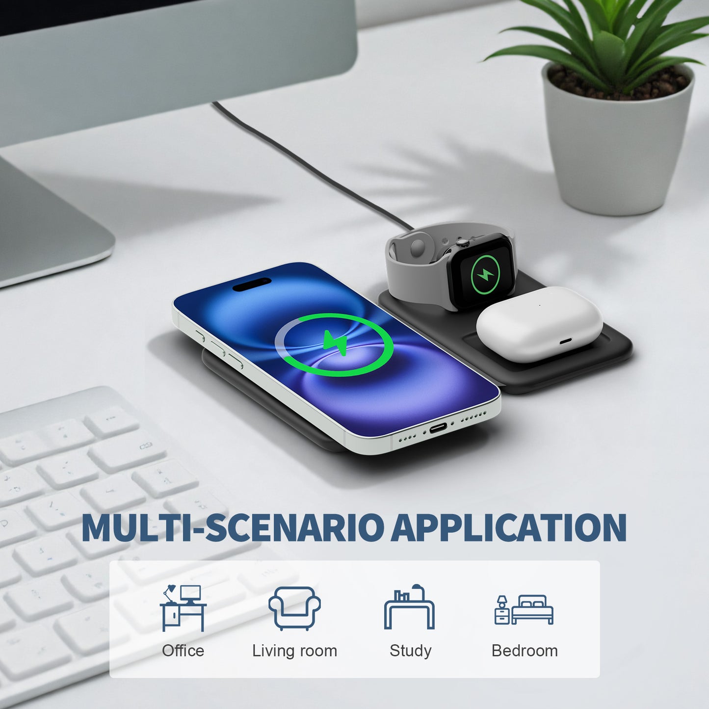 Wireless Charger for iPhone, 3 in 1 Magnetic Charging Station for Apple Devices for iPhone 16 15 14 13 12 Pro Max Plus - Foldable Charging Pad for Apple Watch Series Airpods 4 3 2 Pro, Black