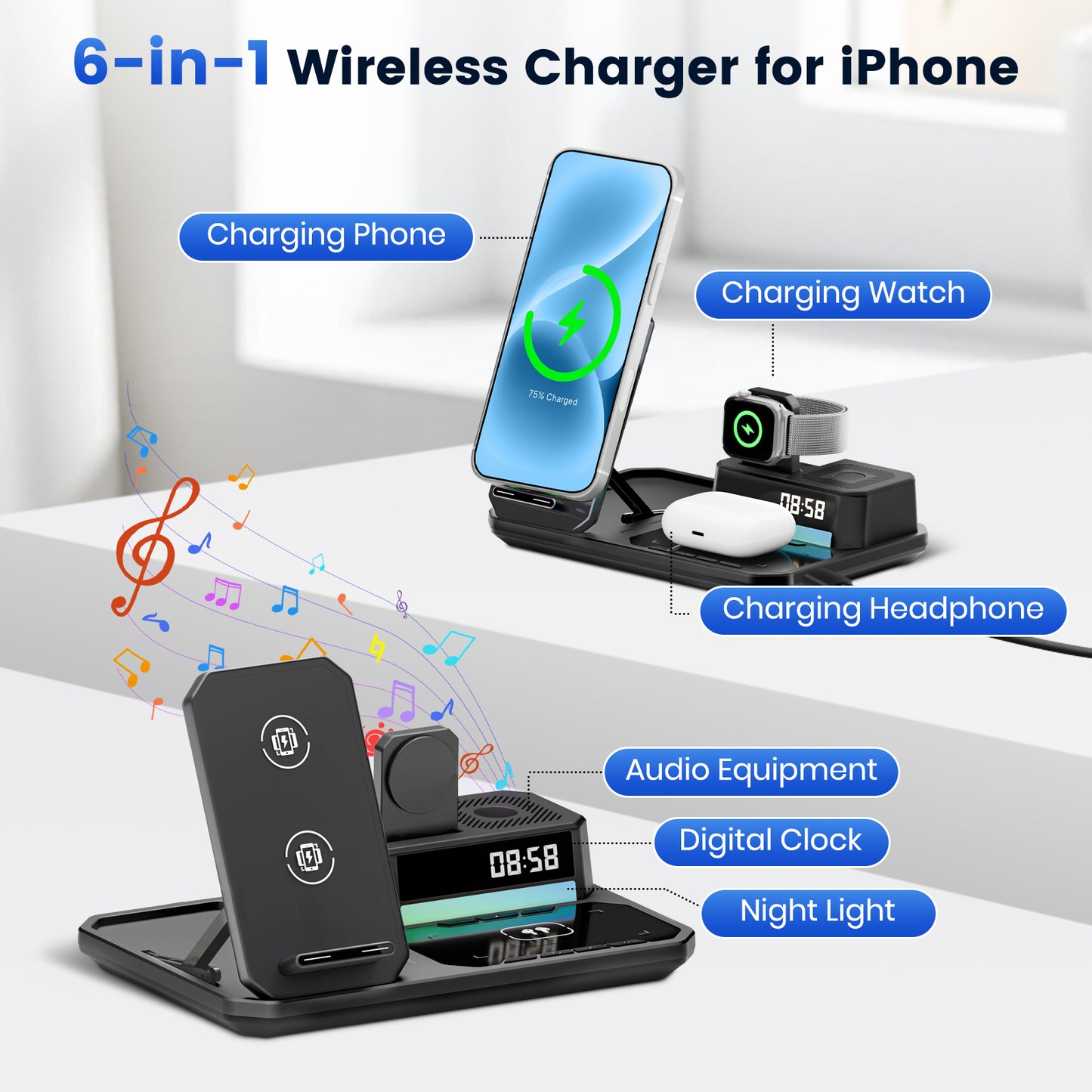 Wireless Charger for iPhone 17 16 15 14 13 12, 6 in 1 Charging Station for iWatch Series£¬for AirPods 4 3 2, with Clock, Bluetooth, Ambient Light