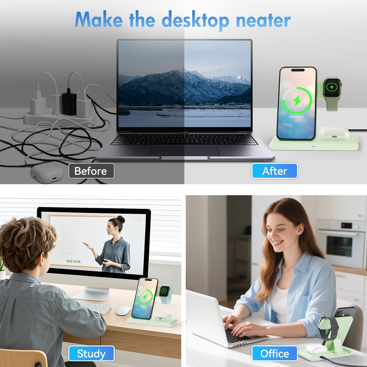 Wireless Charger,3in1 Charging Station Compatible for iPhone,Wireless Charger Stand Compatible for Apple Watch,iPhone 17 16 15 14 13 12 11 Pro Max Mini Plus SE X XS 8 Plus& AirPods,Green