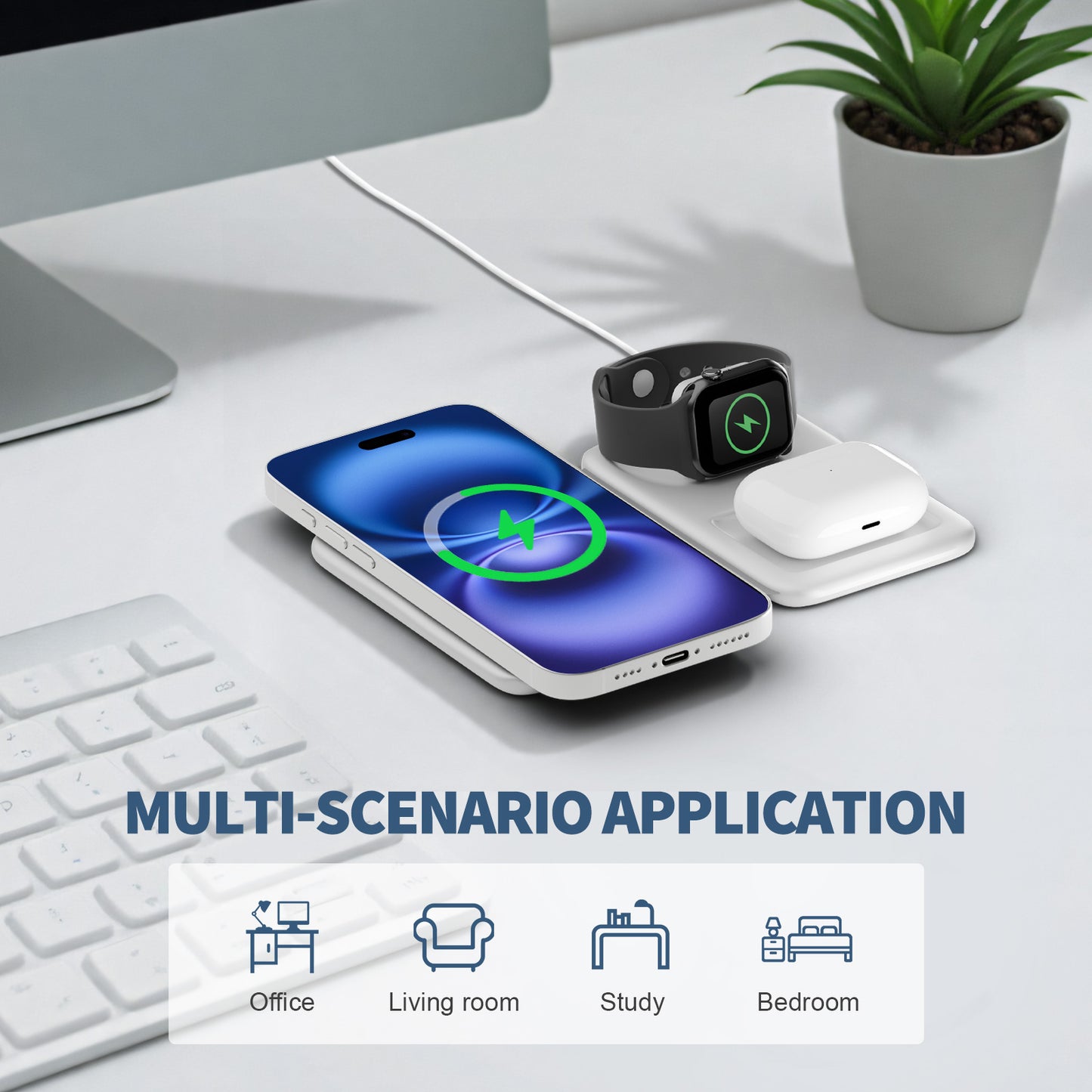 Wireless Charger for iPhone, 3 in 1 Magnetic Charging Station for Apple Devices for iPhone 16 15 14 13 12 Pro Max Plus - Foldable Charging Pad for Apple Watch Series Airpods 4 3 2 Pro, White