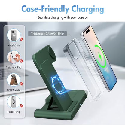 Wireless Charger,3 in 1 Charging Station Compatible for iPhone,Fast Charging Portable Charger Compatible for iPhone 17 16 15 14 13 12 11 Pro Max Mini Plus SE X XS 8 Plus&iWatch,AirPods,Dark Green