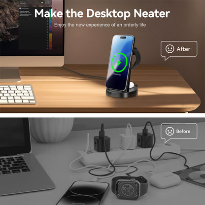 3 in 1 Charging Station, 15W Fast Wireless Charger Compatible with iPhone 17 16 15 14 13 12, Compatible with iWatch, Compatible with Airpods, Black