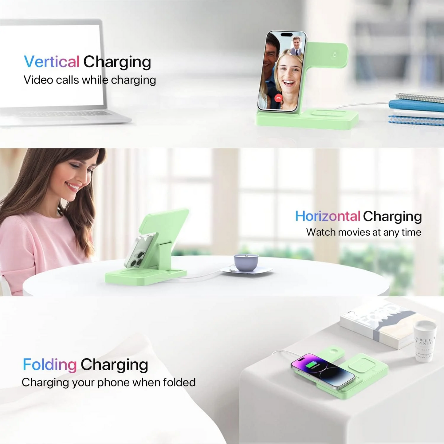 Wireless Charger,3 in 1 Charging Station for iPhone,Fast Wireless Charger Stand Compatible for Apple Watch,iPhone 17 16 15 14 13 12 11 Pro Max Mini Plus SE X XS 8 Plus & AirPods,Green