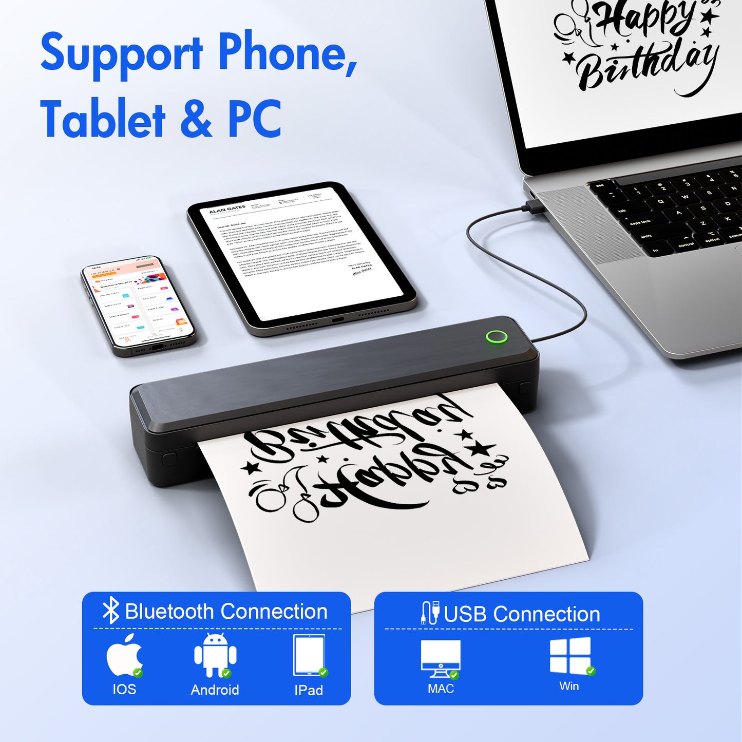 Baokaler Wireless Thermal Printer, Mobile Bluetooth Inkless Printer for Travel Home Use, Support US Letter/A4/A5/B5 Thermal Paper, Compatible with Android iOS Phone & Laptop