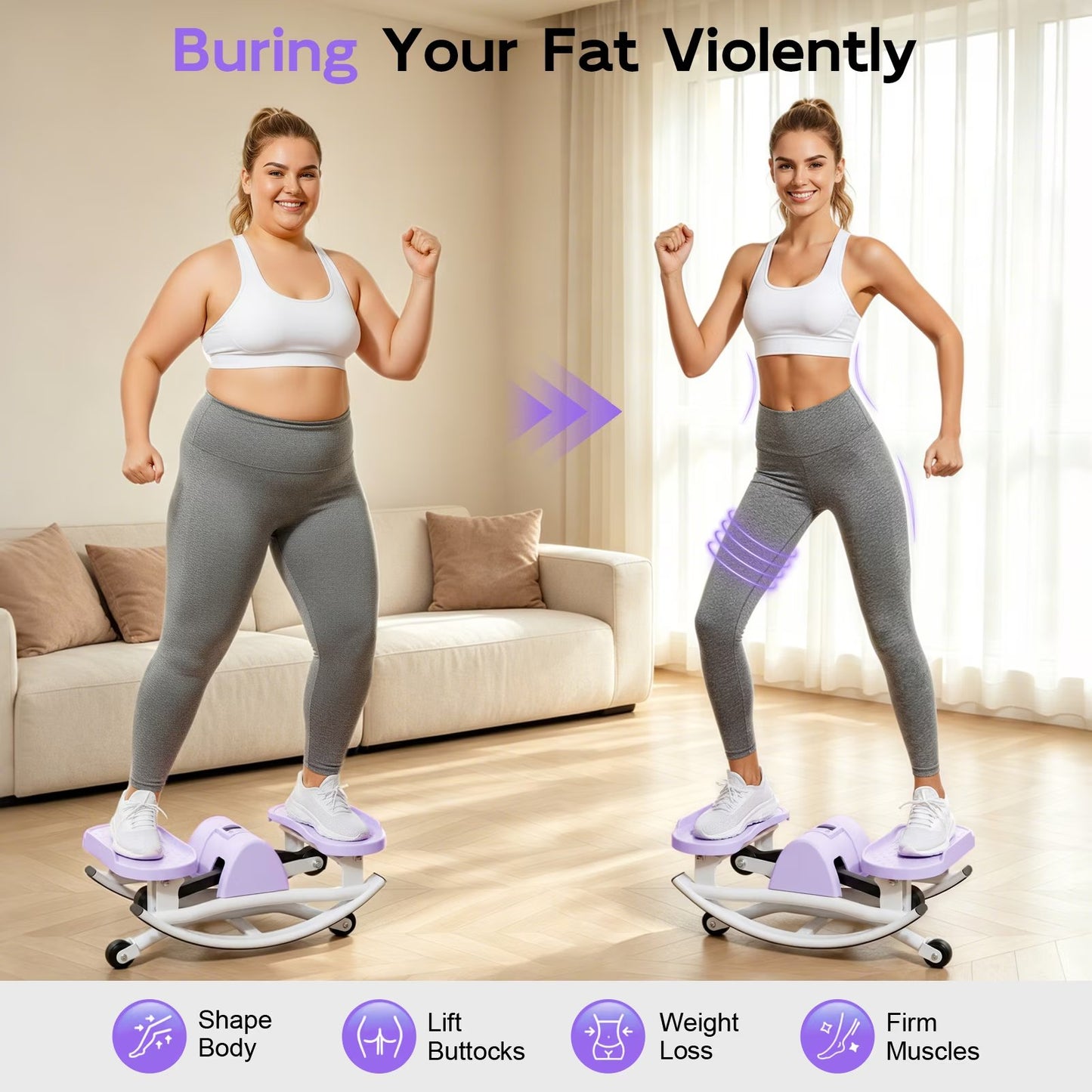 RICAN Smart Lateral Rocking Fitness Stepper, Low-Impact Portable Exercise Stepper ,Rock Stepper Machine with Digital Monitor, Resistance Bands & Floor Mat, Purple