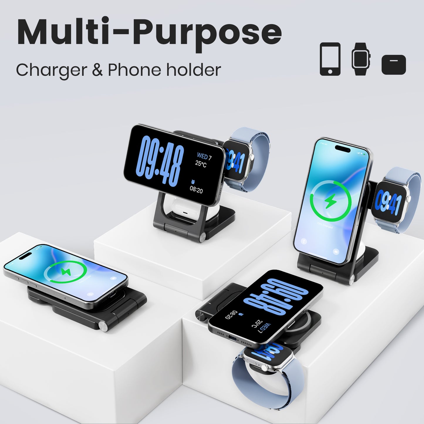 Charging Station, Magnetic Wireless Charger for iPhone 17 16 15 14 13 12, for iWatch, for AirPods 4 3 2, 3 in 1 Charging Pad with Foldable Design, Black