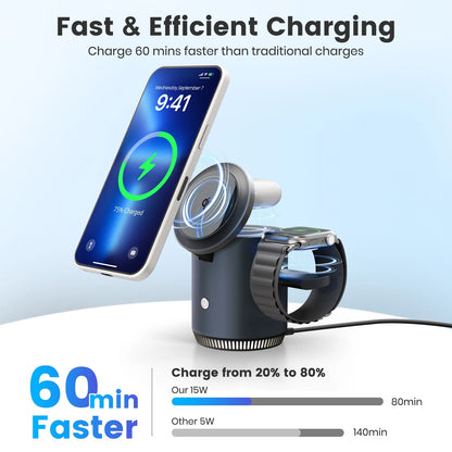 Wireless Charger for iPhone, Charging Station for iPhone 17 16 15 14 13 12, for AirPods 4 3 2, for iWatch Series, with Adjustable Night Light, Black