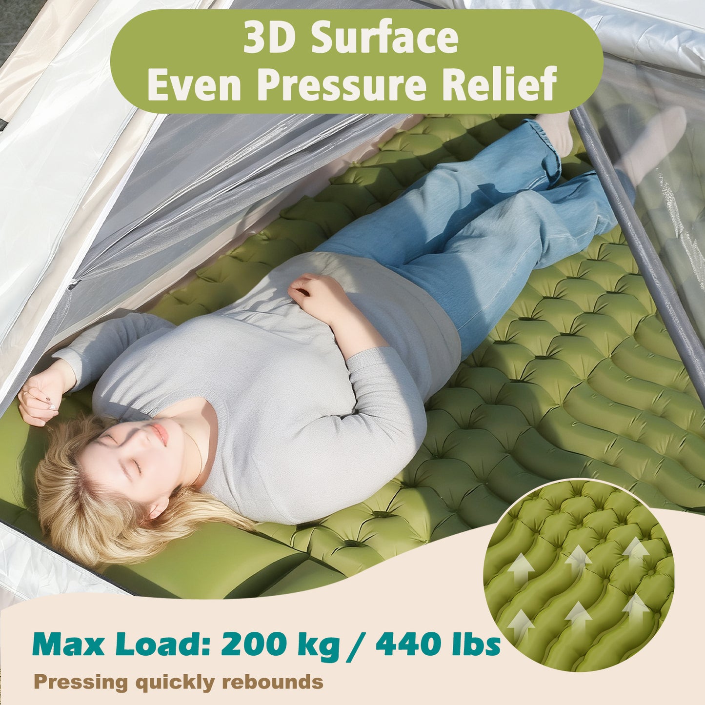 Rican Double Camping Sleeping Pad, Inflatable Double Sleeping Pad, Self Inflating 4" Sleeping Mat with Pillow Built-in Foot Pump, Portable Camping Mat for Backpacking, Hiking, Traveling, Tent