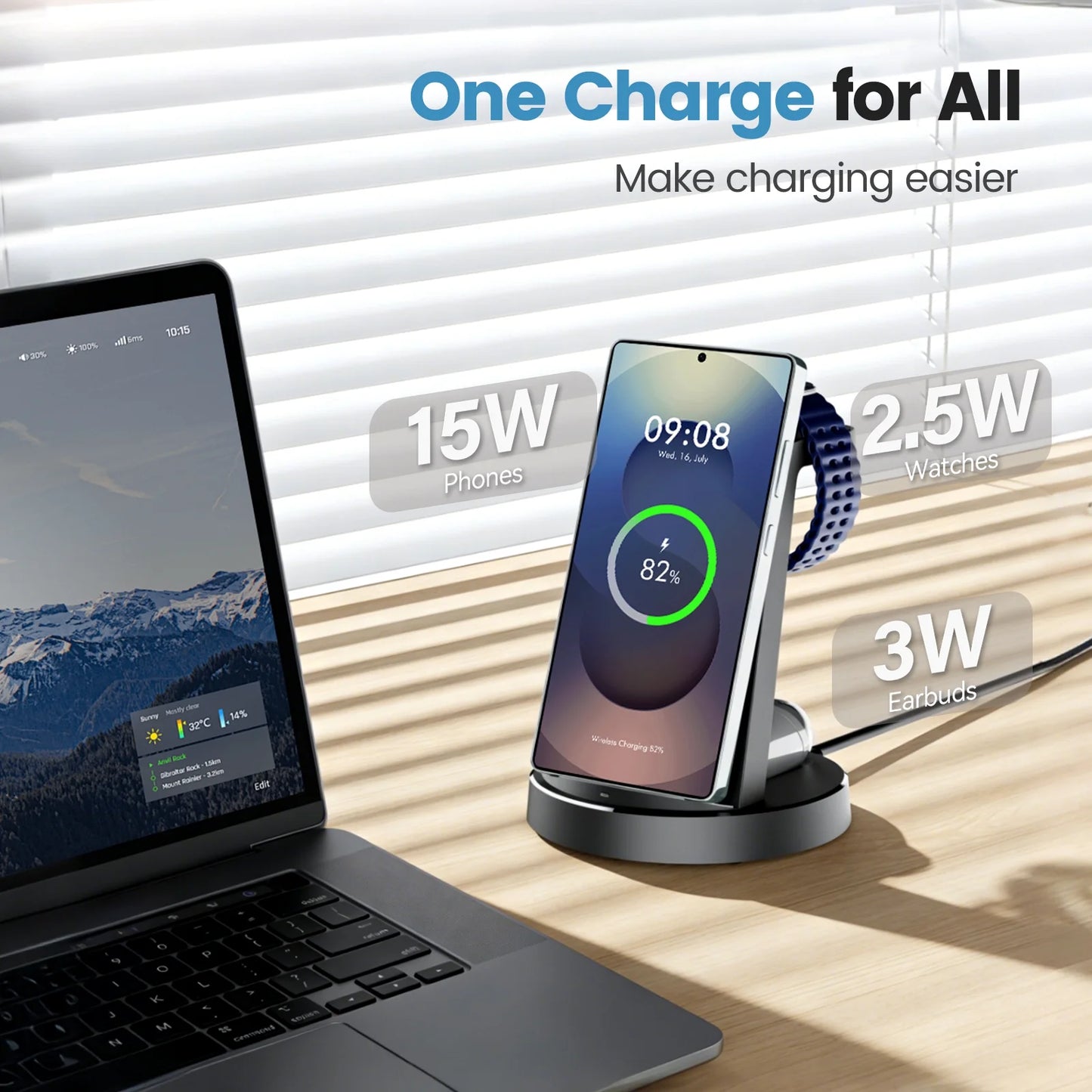 Wireless Charger for Samsung, 3 in 1 Charging Station, 15W Fast Charging Stand for Galaxy S26 Ultra S25 S24, Watch Charger for Watch 8 7 6 5 4, Charging Dock for Galaxy Buds 3 2 pro, Black
