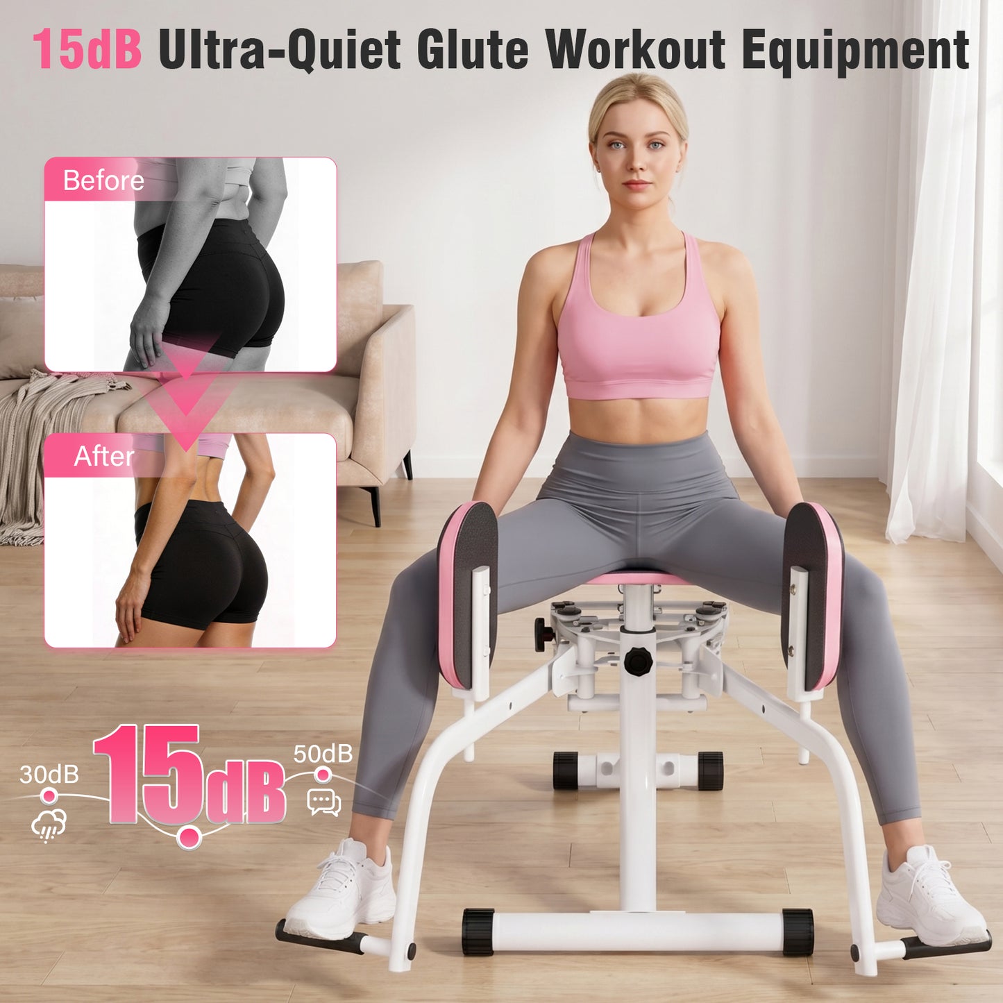 RICAN Hip Abductor Machine for Women, 2-in-1 Compact Glute & Thigh Trainer, Adjustable Resistance Inner Thigh Toner and Outer Thigh Sculptor, Booty Builder for Home Leg Workout Equipment ¨C Pink/White