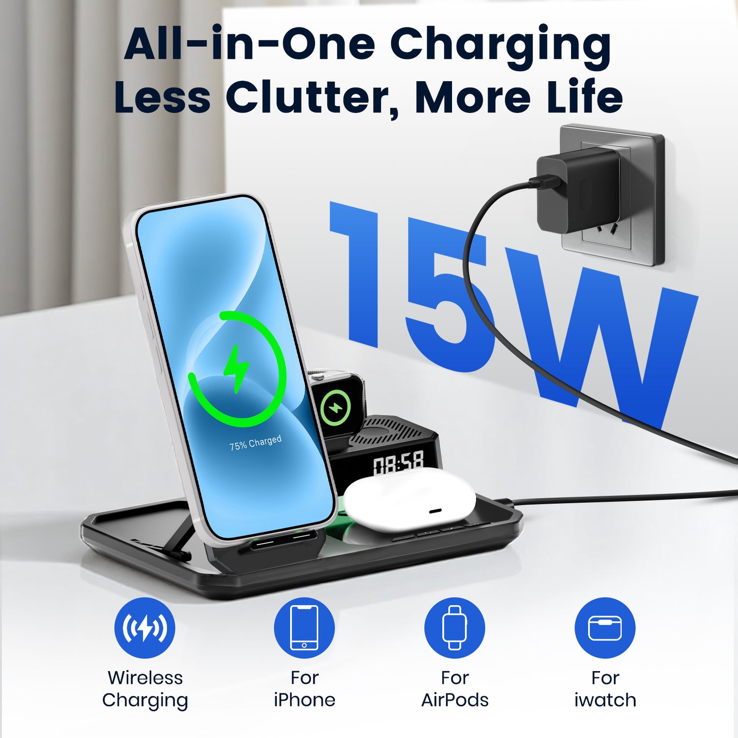 Wireless Charger for iPhone 17 16 15 14 13 12, 6 in 1 Charging Station for iWatch Series for AirPods 4 3 2 with Clock,Bluetooth,Ambient Light