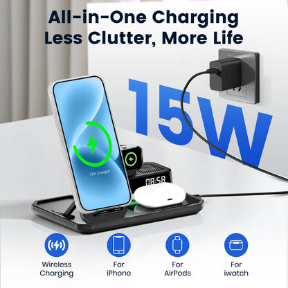 Wireless Charger for iPhone 17 16 15 14 13 12, 6 in 1 Charging Station for iWatch Series for AirPods 4 3 2 with Clock,Bluetooth,Ambient Light