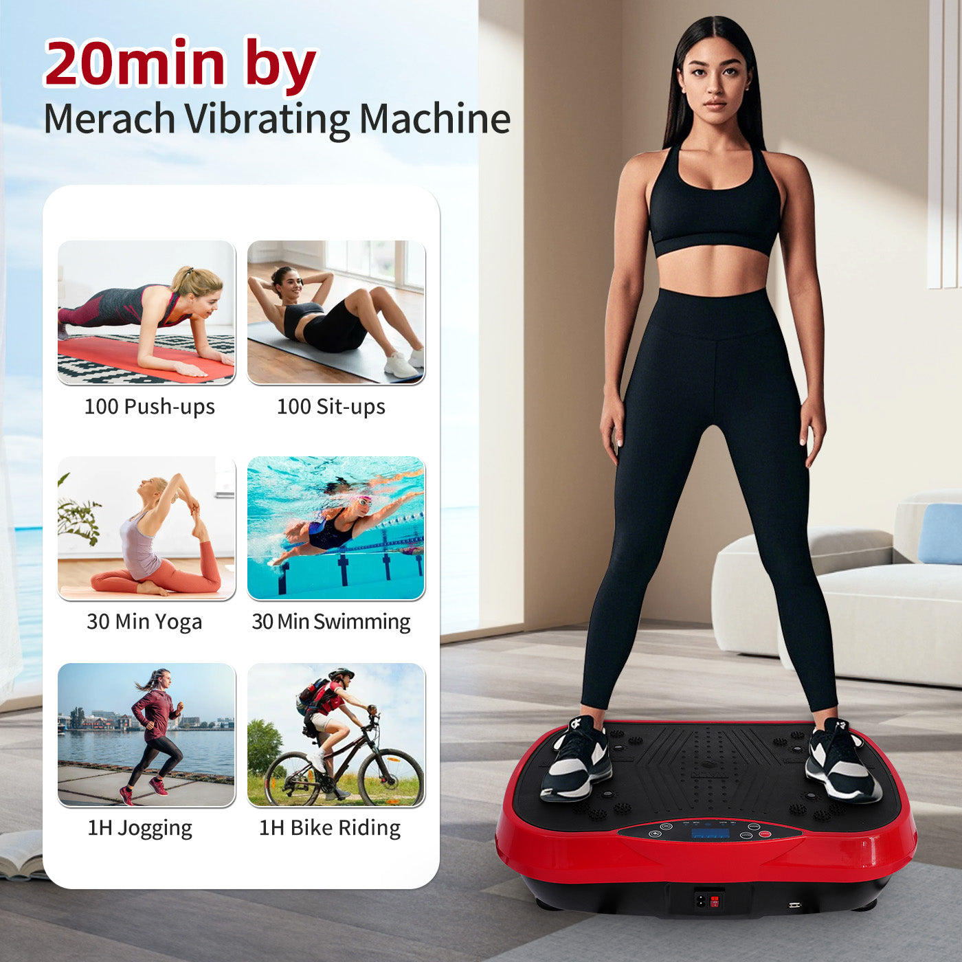 RICAN Vibration Plate Exercise Machine, Vibrating Lymphatic Drainage Shaking Board, Full Body Workout Platform with Loop Bands & Remote Control for Weight Loss Fat Burner, Red