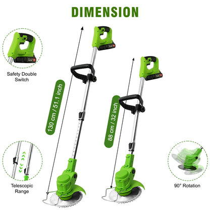 24V 650W Lawn Mover Electric Grass Trimmer Cordless W/2 Batteries, Battery Weed Eater, Electric Weed Wacker, Lawn Mower Cordless Pruning Cutter Weed Wacker Garden Trimming Tool