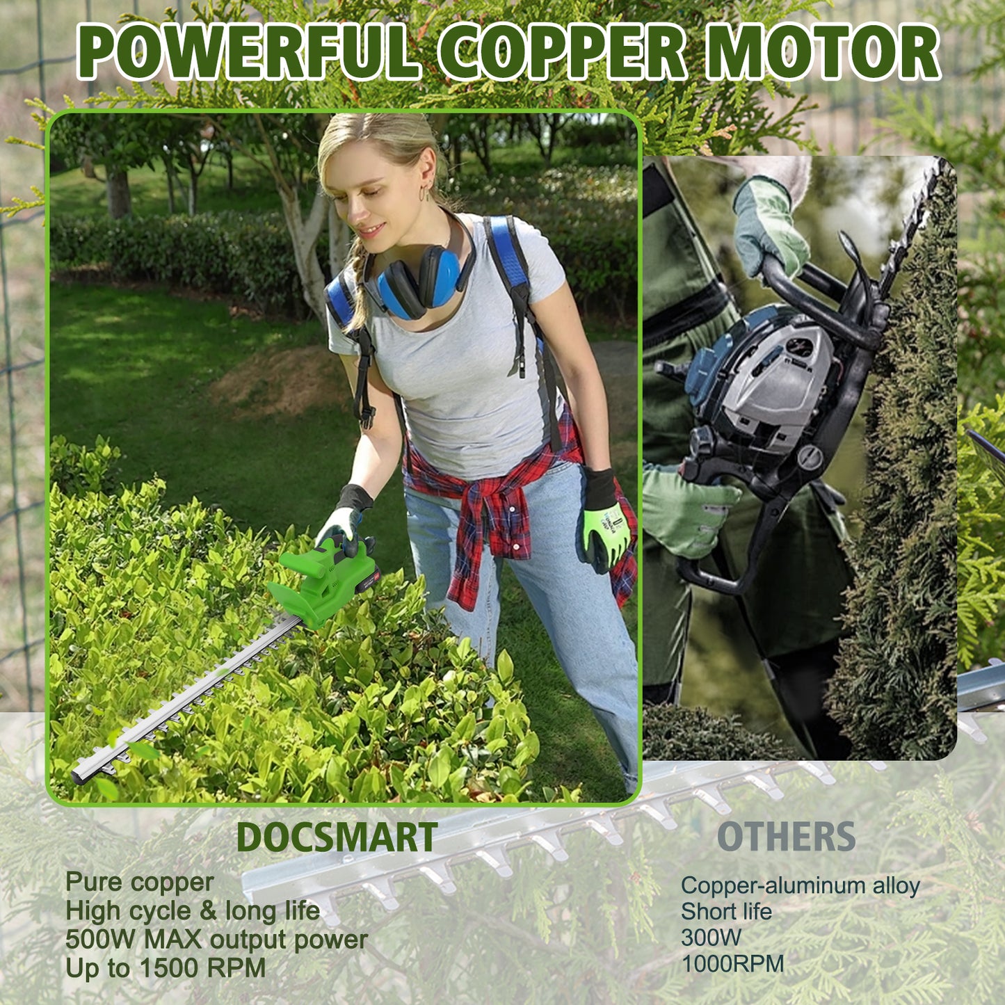 BAOKALER 20" Cordless Hedge Trimmer,24V Rechargeable Hedge Cutter with 20" Double Action Blade and 2PCS 2000MAH Batteries, Lightweight Grass Shrub Trimmer, Green