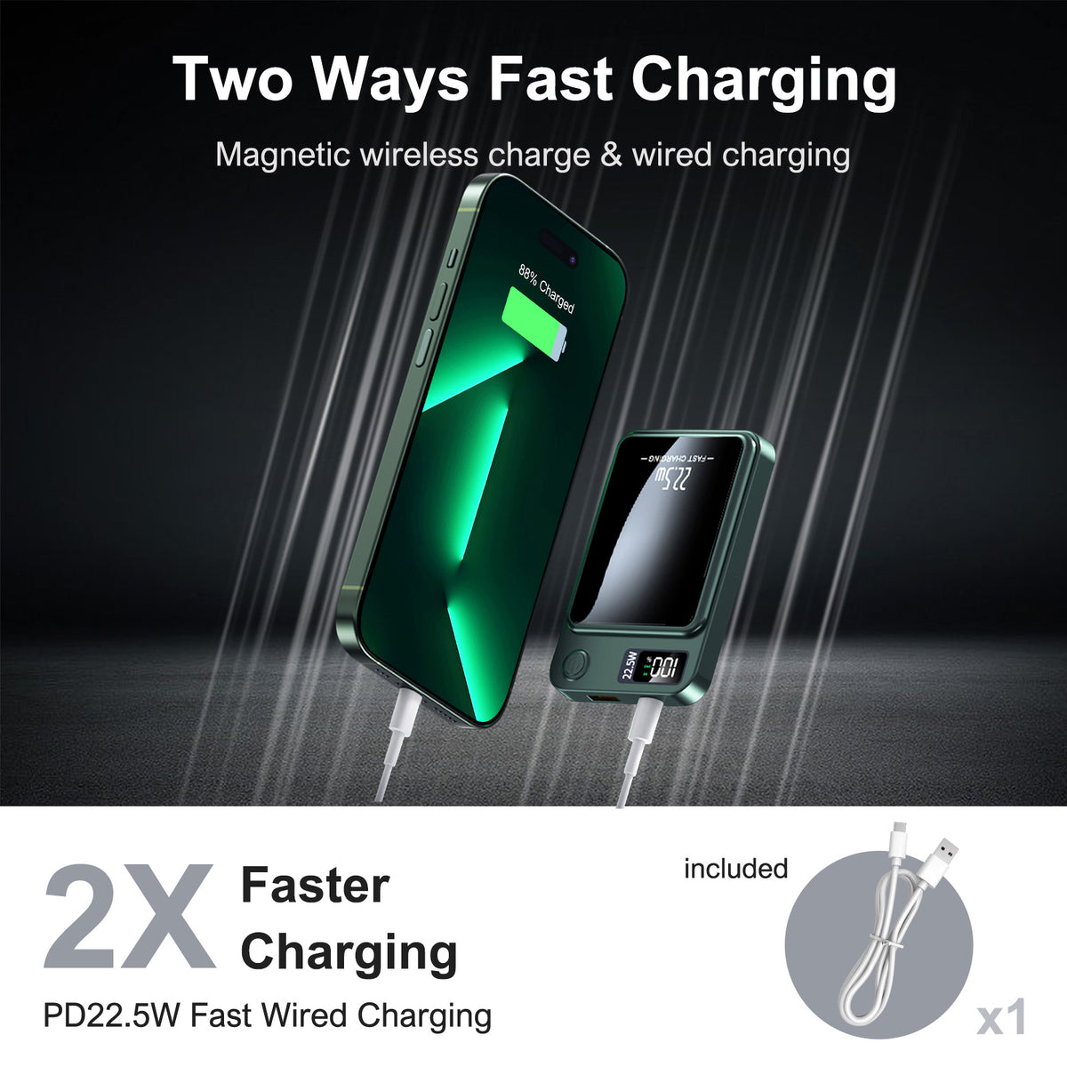 Magnetic Wireless Power Bank,10000mAh Portable Charger with 22.5W Fast Charging,LED Power Display,Strong Magnetic Suction Compatible with iPhone 14 and Above & Android - Green