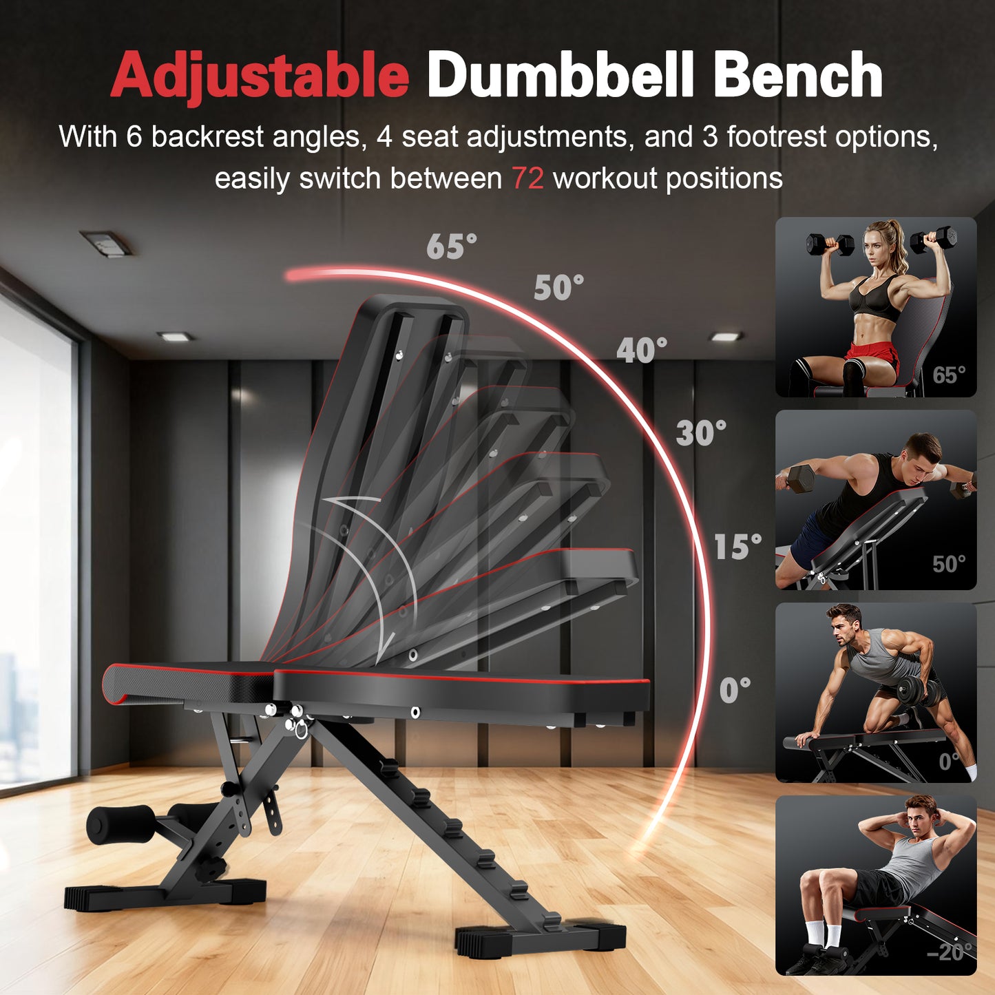 Weight Bench, Incline Bench Press for Full Body, 72 Training Angles Adjustable, 990 LBS Capacity & Foldable Design for Home Gym