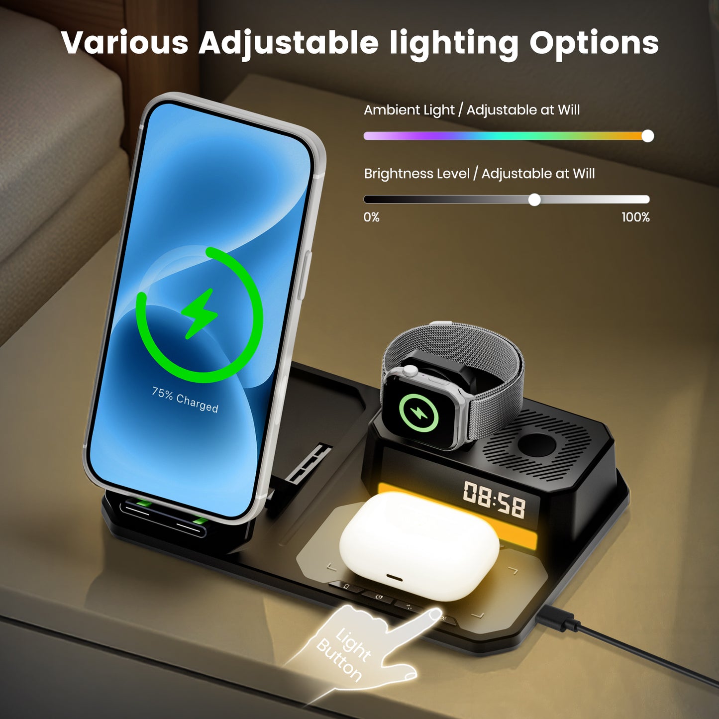 Wireless Charger for iPhone 17 16 15 14 13 12, 6 in 1 Charging Station for iWatch Series for AirPods 4 3 2 with Clock,Bluetooth,Ambient Light