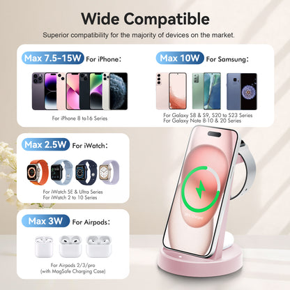 Wireless Charger, Charging Station, 3 in 1 Charger Stand for iPhone 17 16 15 14 13 12, Compatible with iWatch 11 10 9 8 7 6 5 4 3 2 SE Ultra Series, for Airpods 4 3 2 Pro, Pink