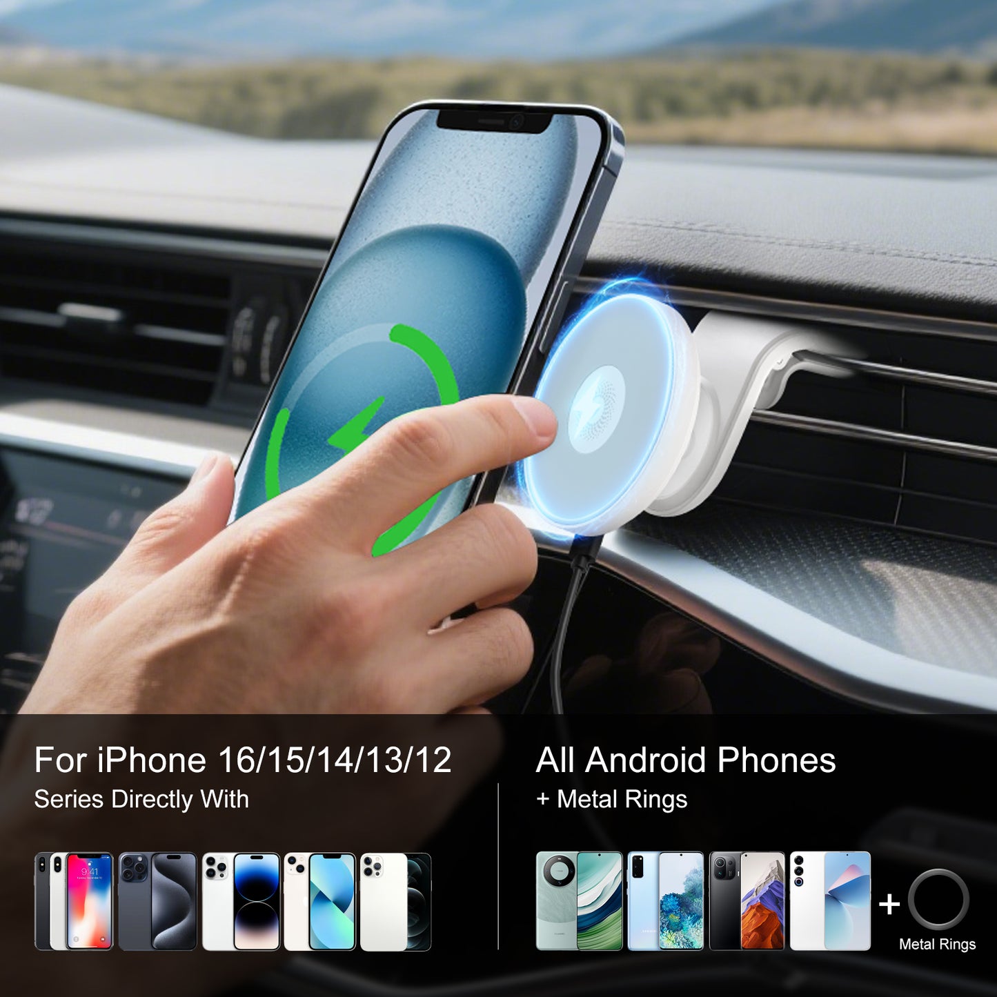 Super Strong Magnetic Car Mount with 15W Fast Wireless Charging, 360¡ã Rotatable and easy to install, durable and study, white