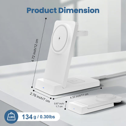 Wireless Charger, 3 in 1 Charging Station for iPhone 17 16 15 14 13 12, for iWatch, for AirPods 4 3 2, 15W Magnetic Charging Pad with Foldable Design, White