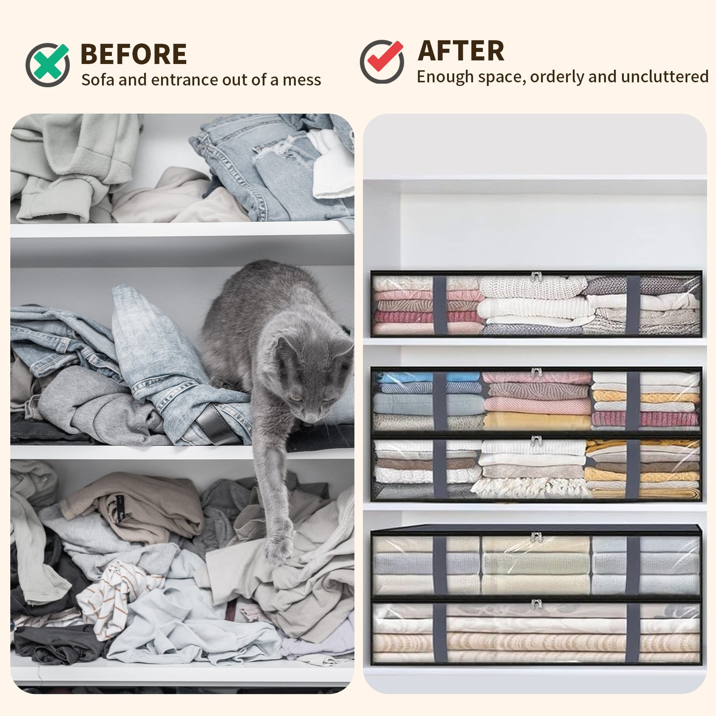 6 Pack Under Bed Storage Bags with Reinforced Handles, 45L Visible Underbed Clothes Storage, Breathable Non-woven Closet Storage for Blanket, Pillows, Comforters and Quilts