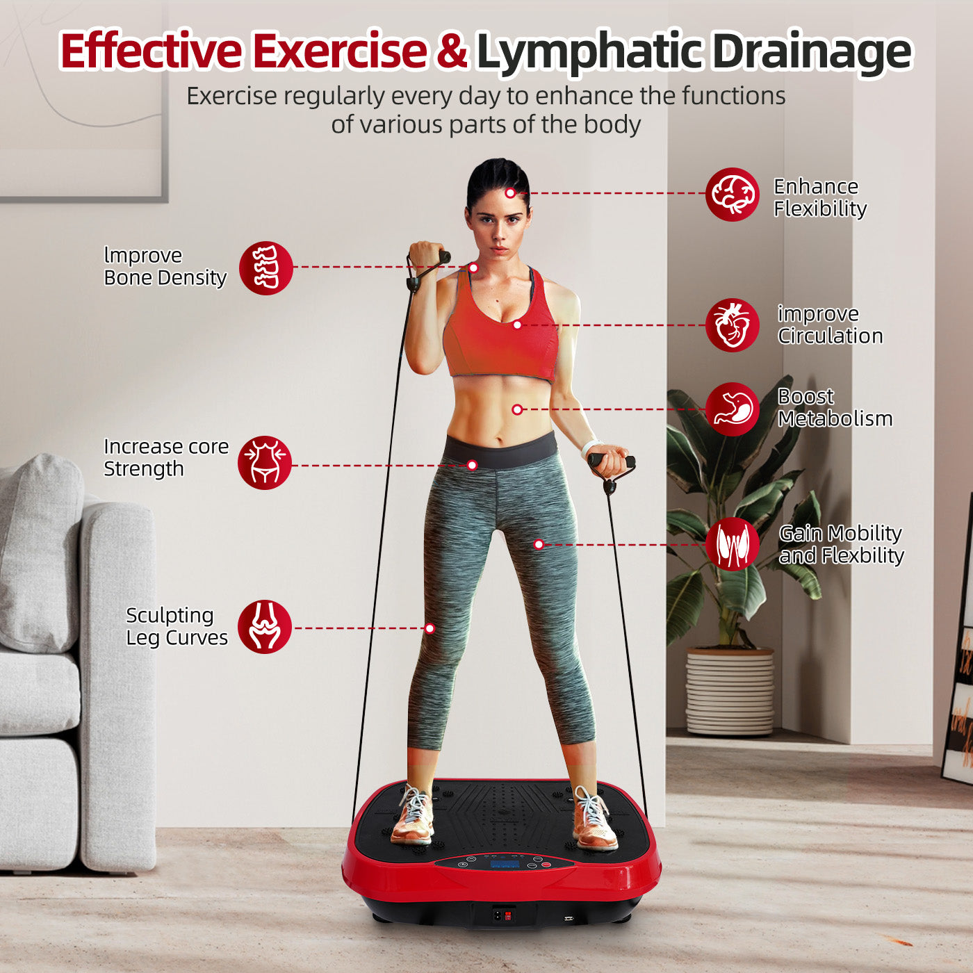 RICAN Vibration Plate Exercise Machine, Vibrating Lymphatic Drainage Shaking Board, Full Body Workout Platform with Loop Bands & Remote Control for Weight Loss Fat Burner, Red