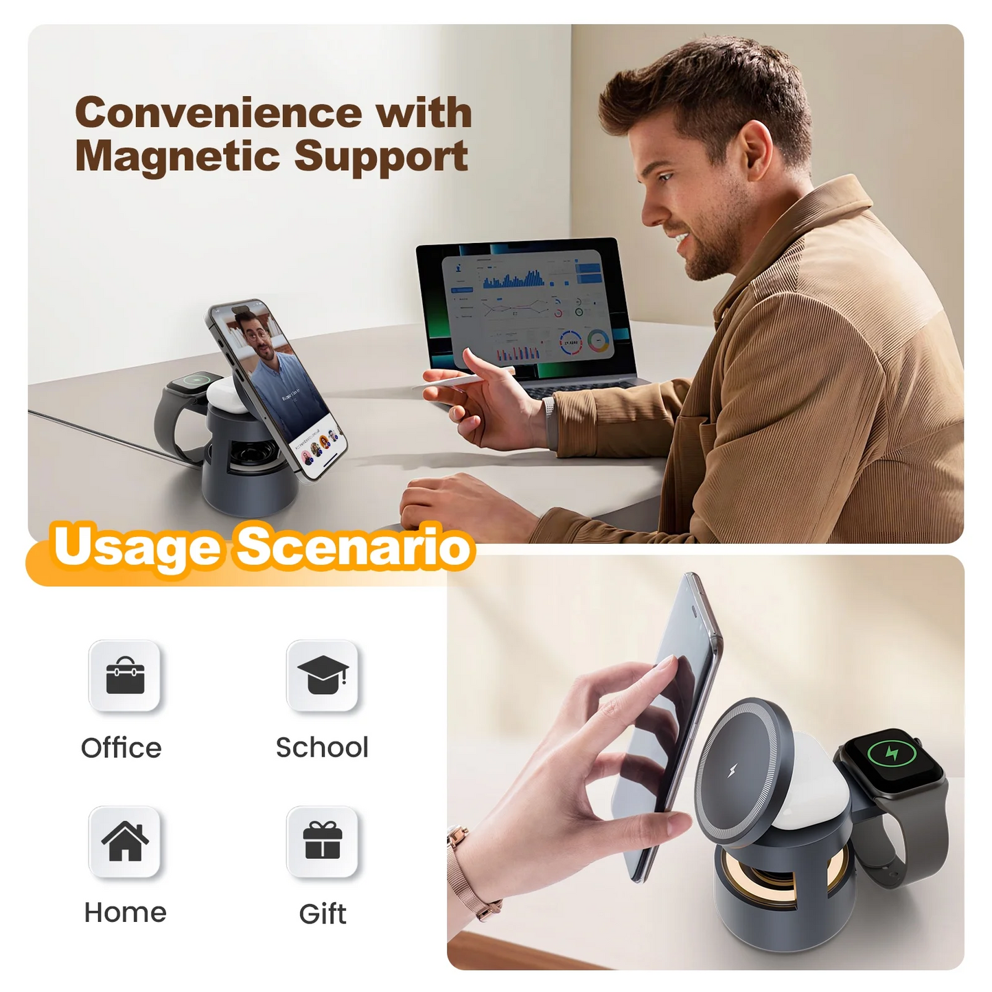 Wireless charger, 5 in 1 Charging Station, Mushroom Night Light, 22.5W Fast Wireless Charger for iPhone, For iWatch, For AirPods, All-in-One Desk Organizer