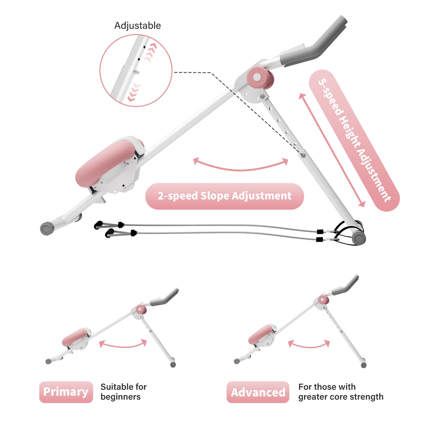 ALSO GO Ab Machine, Adjustable Ab Trainer Machine, Abdominal Workout Equipment with LED Display, 300 lb Foldable Abdominal Core Equipment with Resistance Bands, Pink