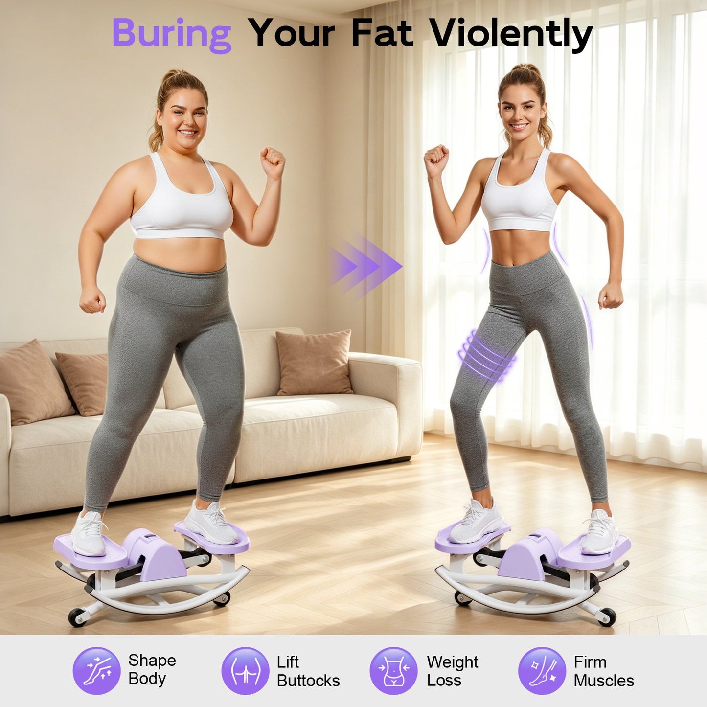RICAN Smart Lateral Rocking Fitness Stepper, Low-Impact Portable Exercise Stepper with Digital Monitor, Resistance Bands & Floor Mat, Purple
