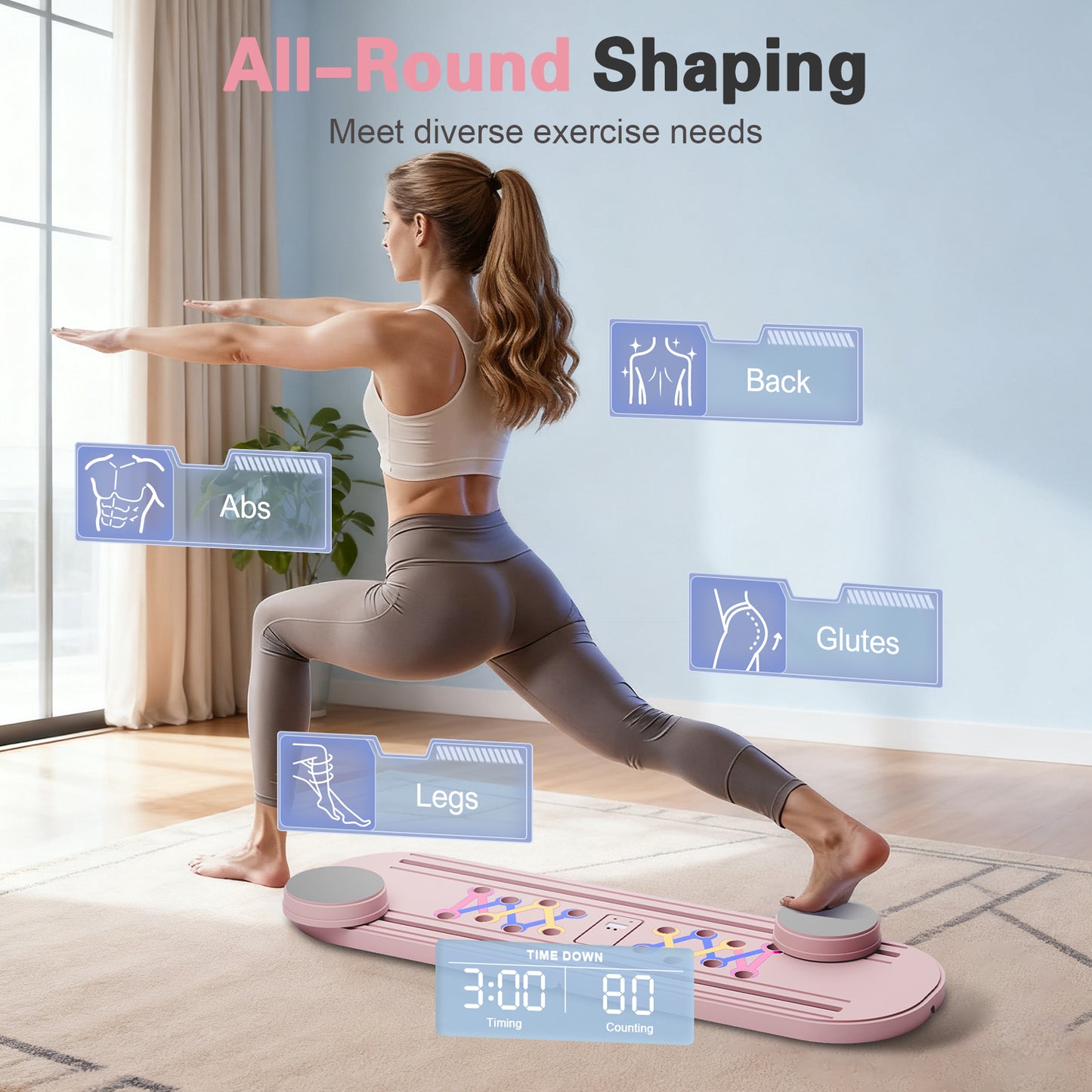 RICAN Foldable Pilates Board, Pilates Reformer Set, 15-in-1 Multifunctional Abdominal Board, Adjustable Push-Up Handles, Full Body Workout Equipment for Home, Pink