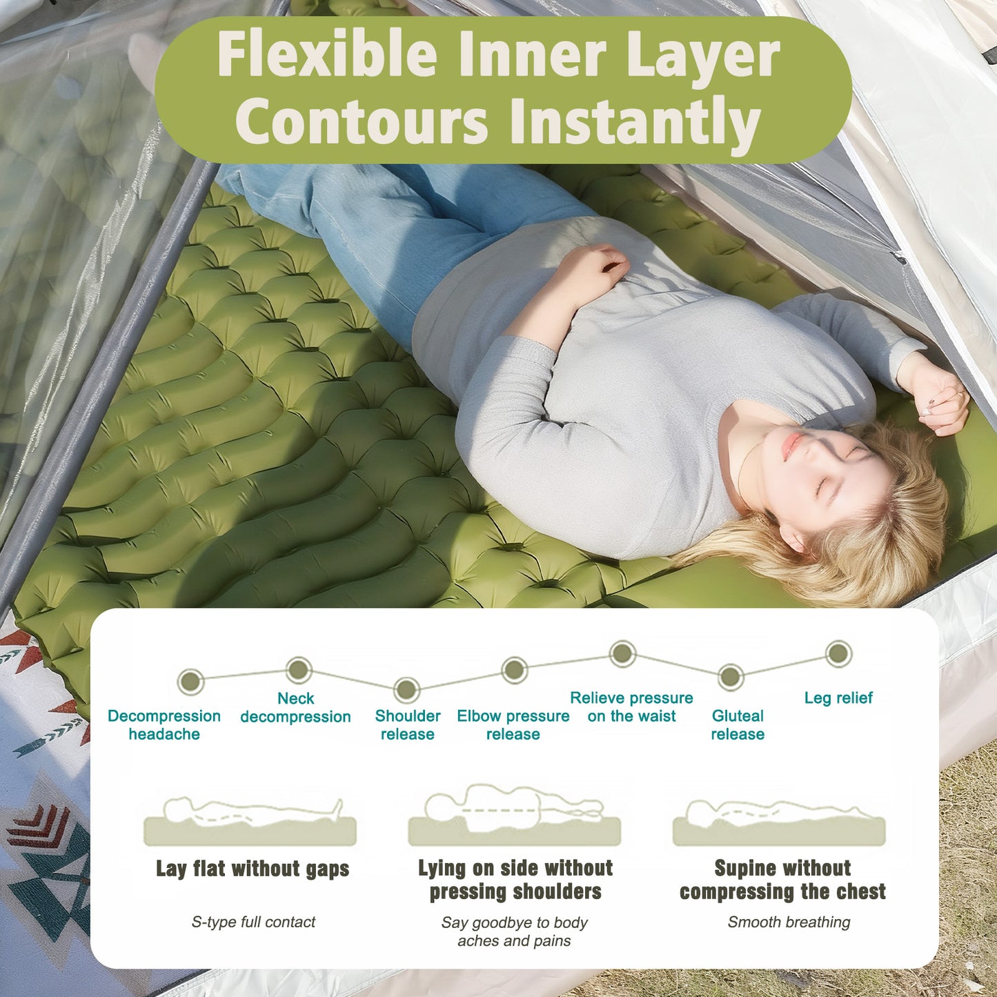 Rican Double Camping Sleeping Pad, Inflatable Double Sleeping Pad, Self Inflating 4" Sleeping Mat with Pillow Built-in Foot Pump, Portable Camping Mat for Backpacking, Hiking, Traveling, Tent