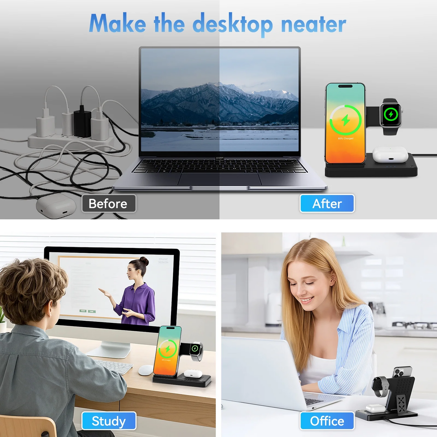 Wireless Charger, Charging station Compatible with iPhone 16 15 14 13 12 11 Pro Max Plus XS XR X 8, for iWatch 9 8 7 6 5 4 3 2 SE, for AirPods 3 2 Pro, 3 in 1 Charging Station, Black, No Adapter