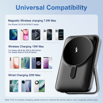 Magnetic Power Bank, 10000mAh Wireless Portable Charger with Foldable Stand, Magnetic Battery Pack with LED Display, 20W PD Fast Charging Compatible with iPhone 17 16 15 14 13 12, Black