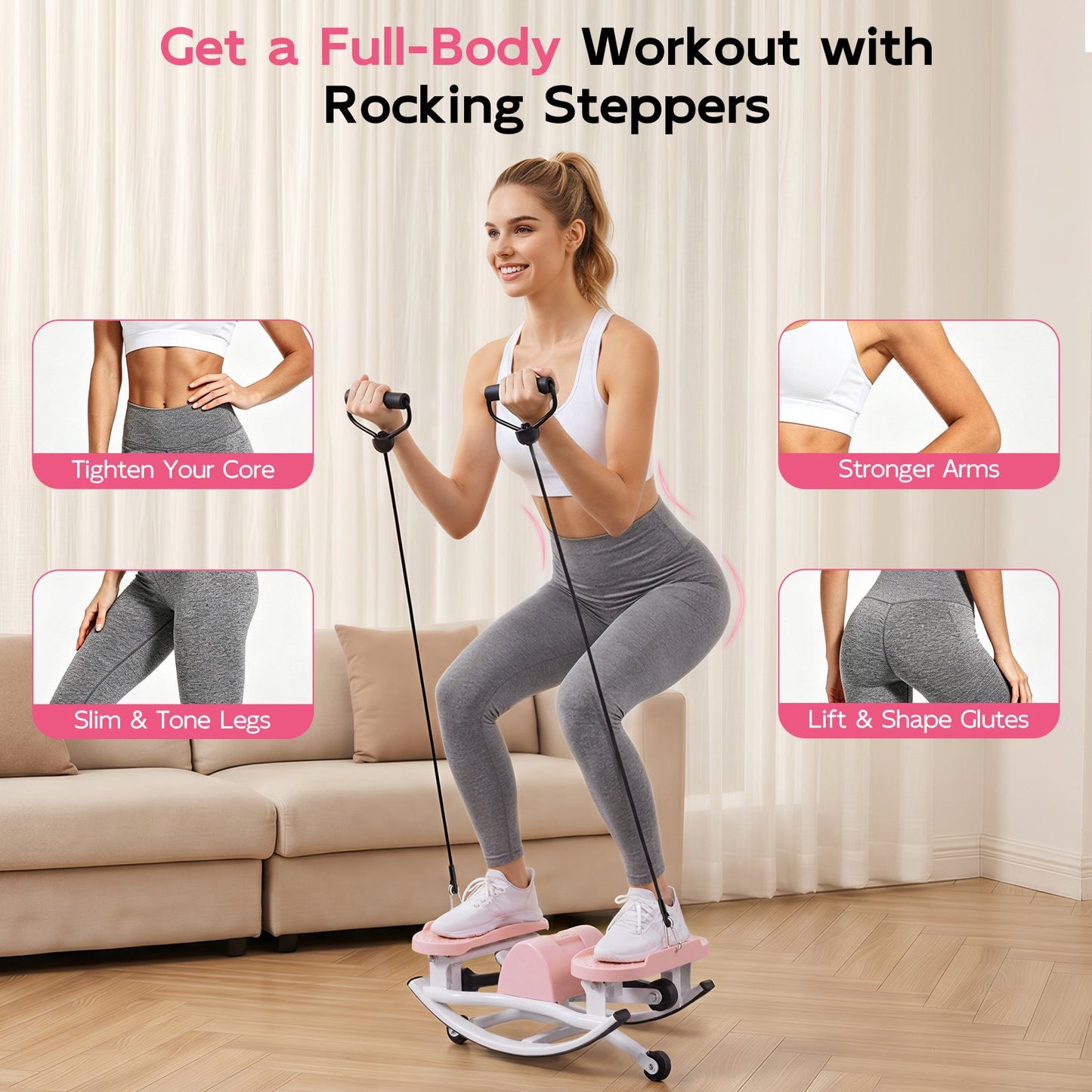 RICAN Smart Lateral Rocking Fitness Stepper, Low-Impact Portable Exercise Stepper with Digital Monitor, Resistance Bands & Floor Mat, Pink