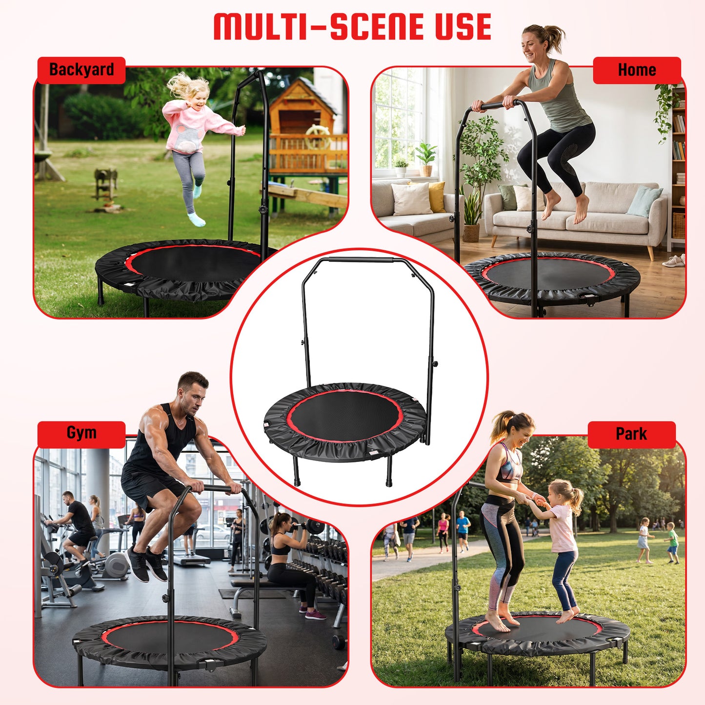 40" Foldable Mini Trampoline with Handle, 716 lbs High Capacity Fitness Rebounder for Home Gym, Quiet Bungee System Indoor Outdoor Jumping Exercise for Adults Kids