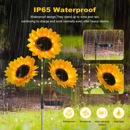 TopZoo 2PCS Solar Lights Outdoor, Three Head LED Sunflower Garden Lights, Waterproof, Auto On/Off Garden Decor Lights for Yard, Pathway, Patio, Porch