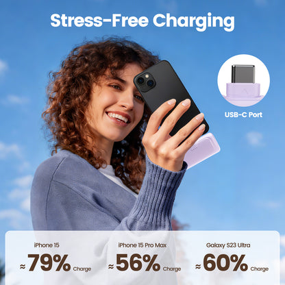 Portable Charger, 5000mAh Power Bank with Foldable USB-C Plug, 22.5W Mini Charger Battery Pack Compatible with iPhone 15 to 17,Purple