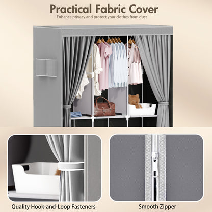 Portable Closet Organizer and Storage with 3 Hanging Rods for Hanging Clothes, 6 Wardrobe Closet Storage Shelves for Bedroom, Easy to Assemble, Grey