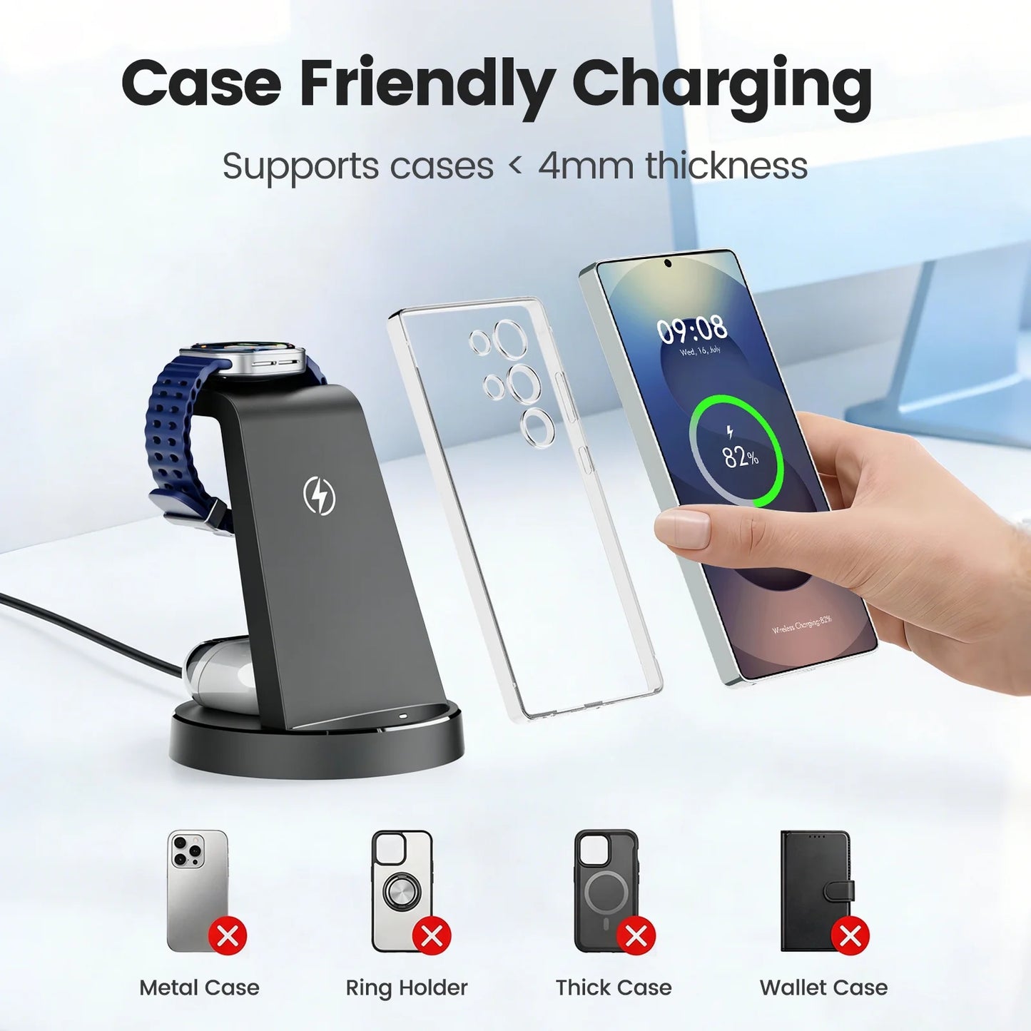 Wireless Charger for Samsung, 3 in 1 Charging Station, 15W Fast Charging Stand for Galaxy S26 Ultra S25 S24, Watch Charger for Watch 8 7 6 5 4, Charging Dock for Galaxy Buds 3 2 pro, Black