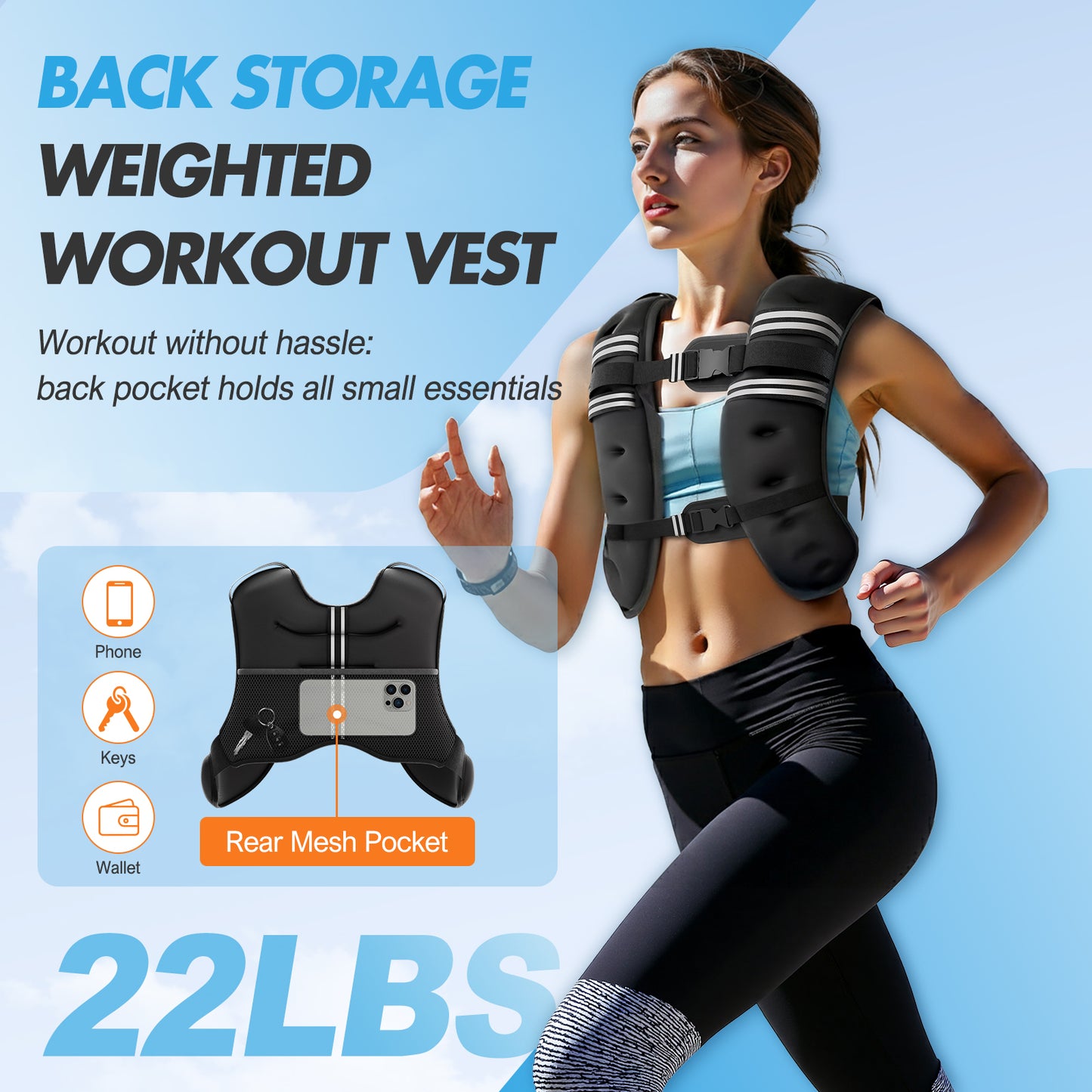 BAOKALER Weighted Vest Professional 22lb with Reflective Strips, Ideal for Men & Women, Suitable for Strength Training, Running, Muscle Building & Weight Loss