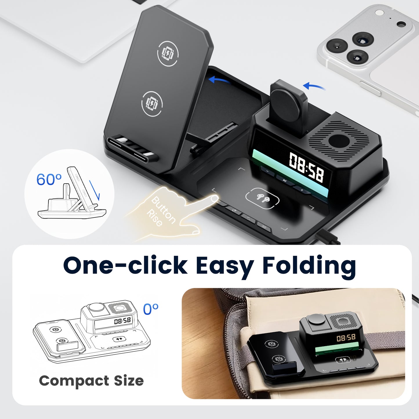 Wireless Charger for iPhone 17 16 15 14 13 12, 6 in 1 Charging Station for iWatch Series£¬for AirPods 4 3 2, with Clock, Bluetooth, Ambient Light