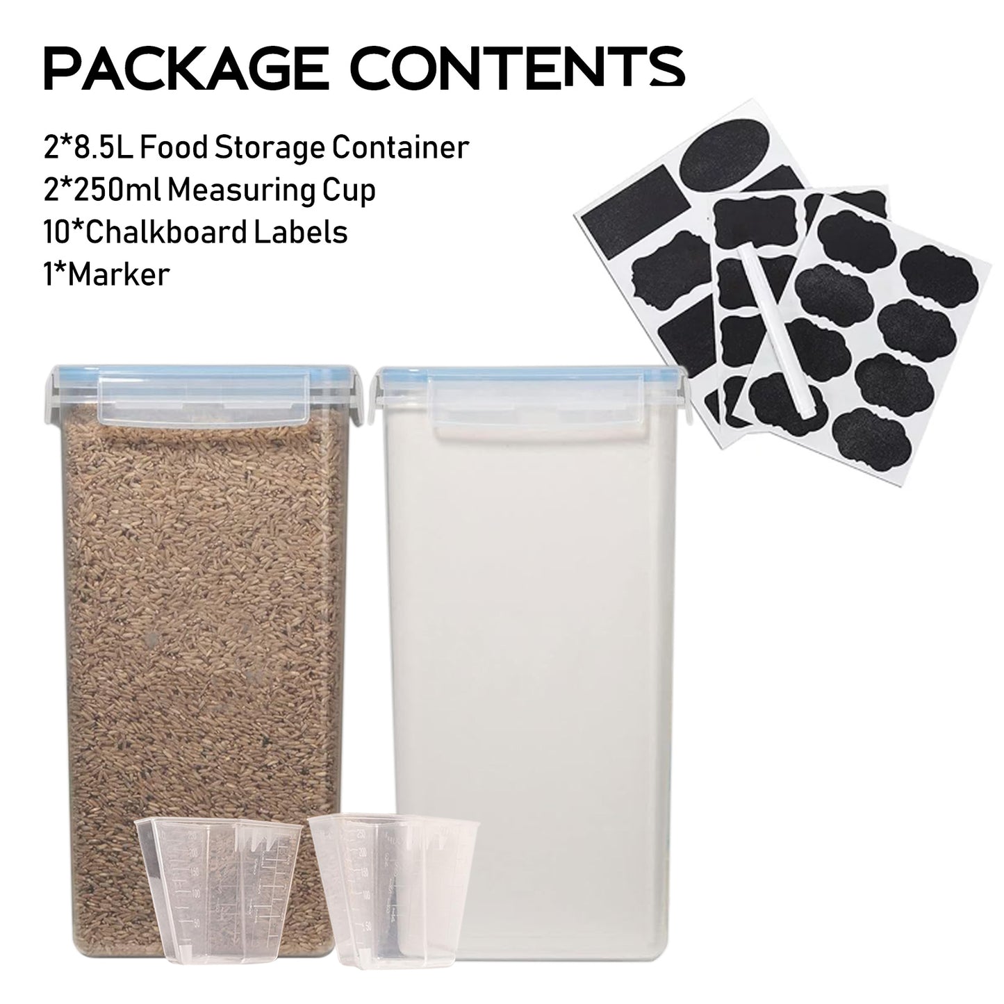 8.5L/287Oz Airtight Cereal Container Flour Storage with Lids, Extra Large Food Storage Containers Pantry with Measuring Cups, Chalkboard Labels and Marker for Kitchen Organization, 2 Pack